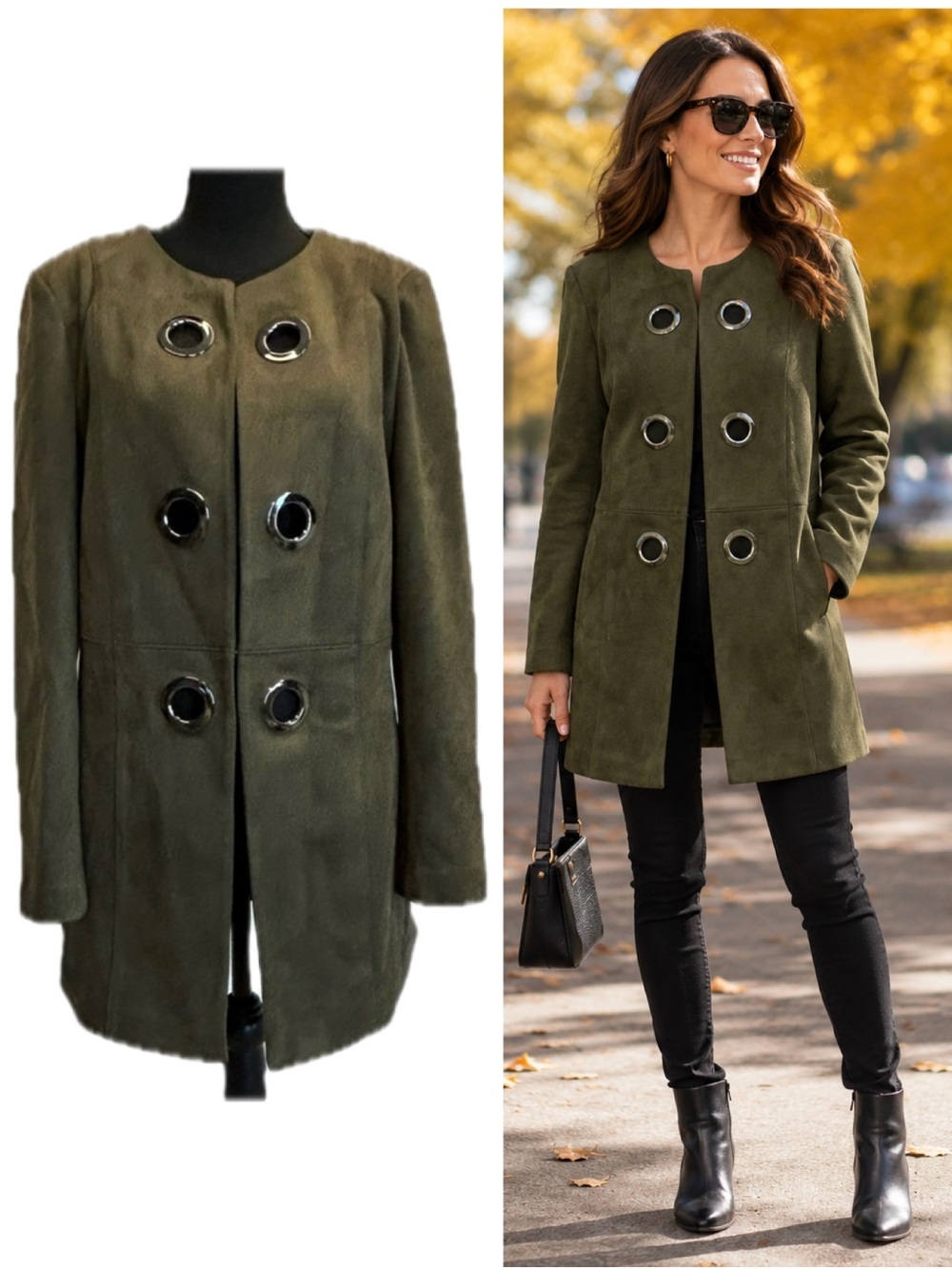Melanie Lyne forest green faux suede grommet blazer dress coat Sz 10 NWOT